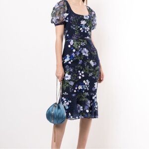 Marchesa Notte Floral Embroidered 3D Cocktail Dress Blue Sz 0 Wedding Guest Part